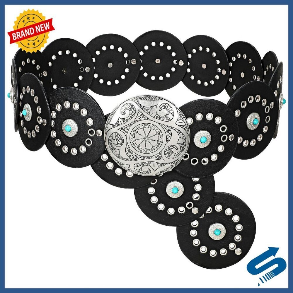 Wide PU Leather Western Belt with Concho Buckle Adjustable Fit